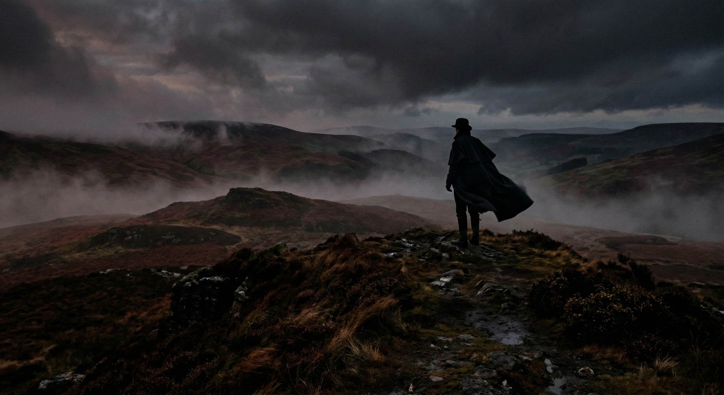 Moody moors landscape with a single figure in dark romantic attire silhouette standing on windswept hills. Deep reds and blacks, misty fog atmosphere, cinematic lighting. The figure wears a flowing dark cape or Victorian-inspired coat. No faces visible. D