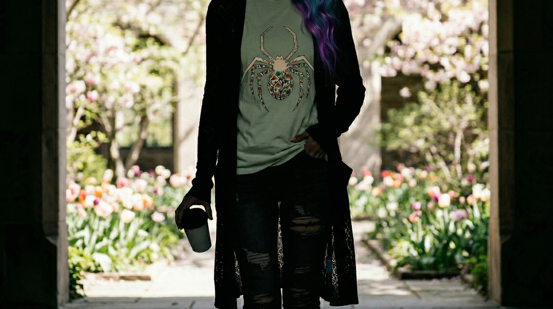 Closeup on a woman holding a coffee cup wearing a floral spider t-shirt under a black lacy cardigan in a moody alcove with a spring garden behind her