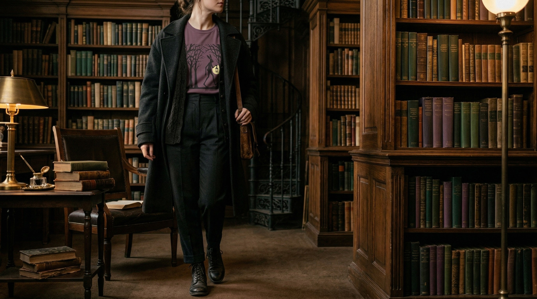 Full-length editorial atmosphere shot of a woman wearing a dark academia outfit in a library
