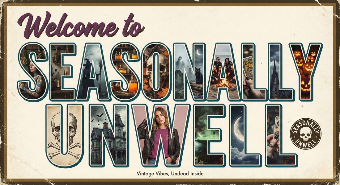 Vintage style postcard for Seasonally Unwell featuring big letters filled with aesthetic photographs