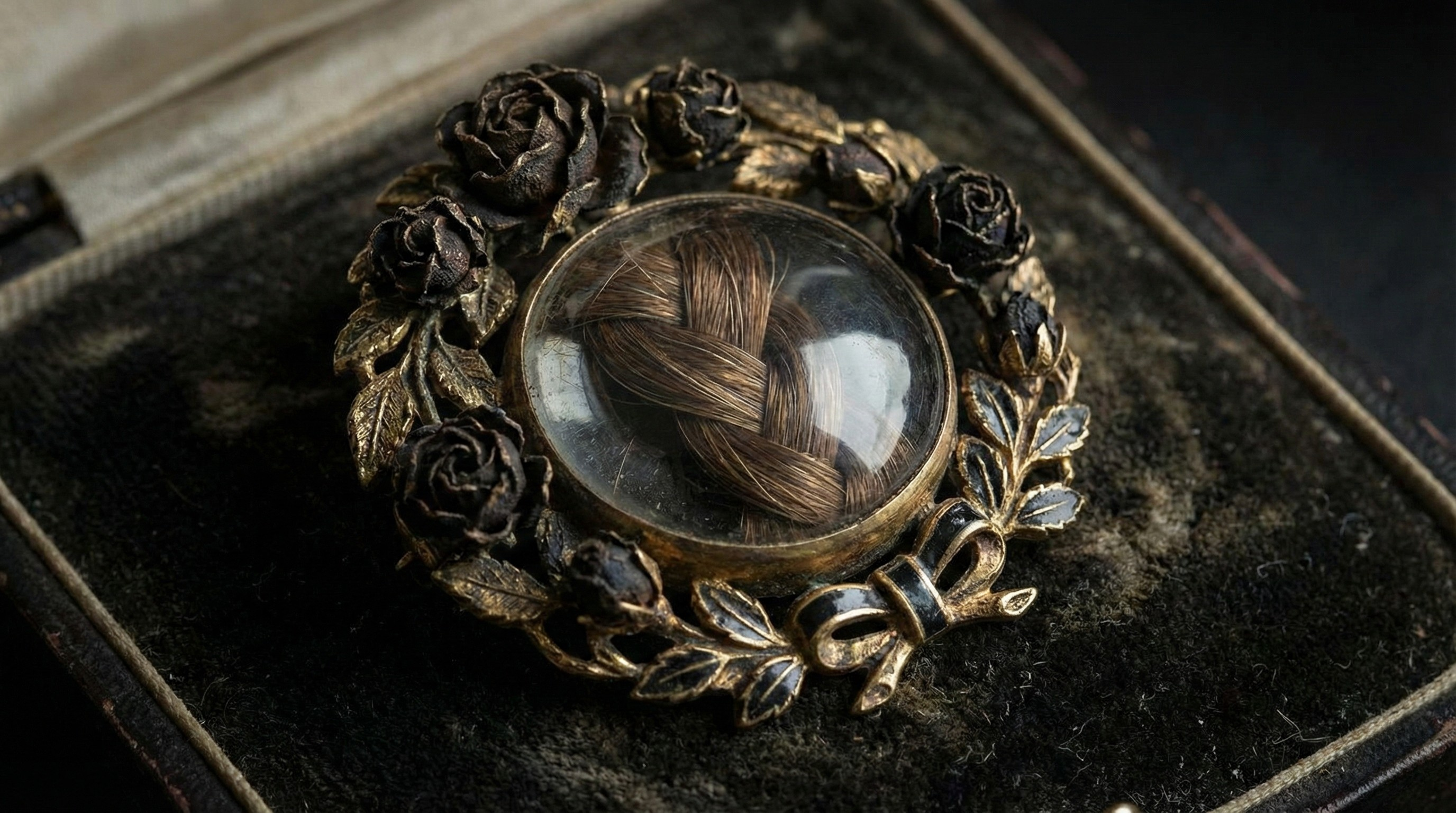 Victorian mourning brooch with braided hair under glass surrounded by dried black roses