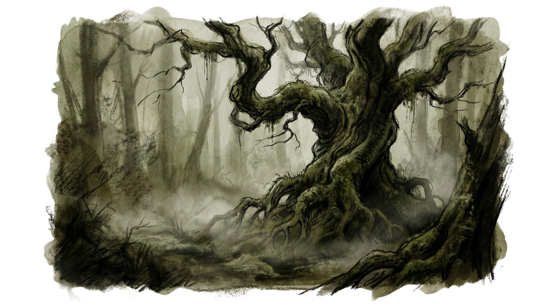 Ancient oak tree in misty forest with dark atmospheric lighting
