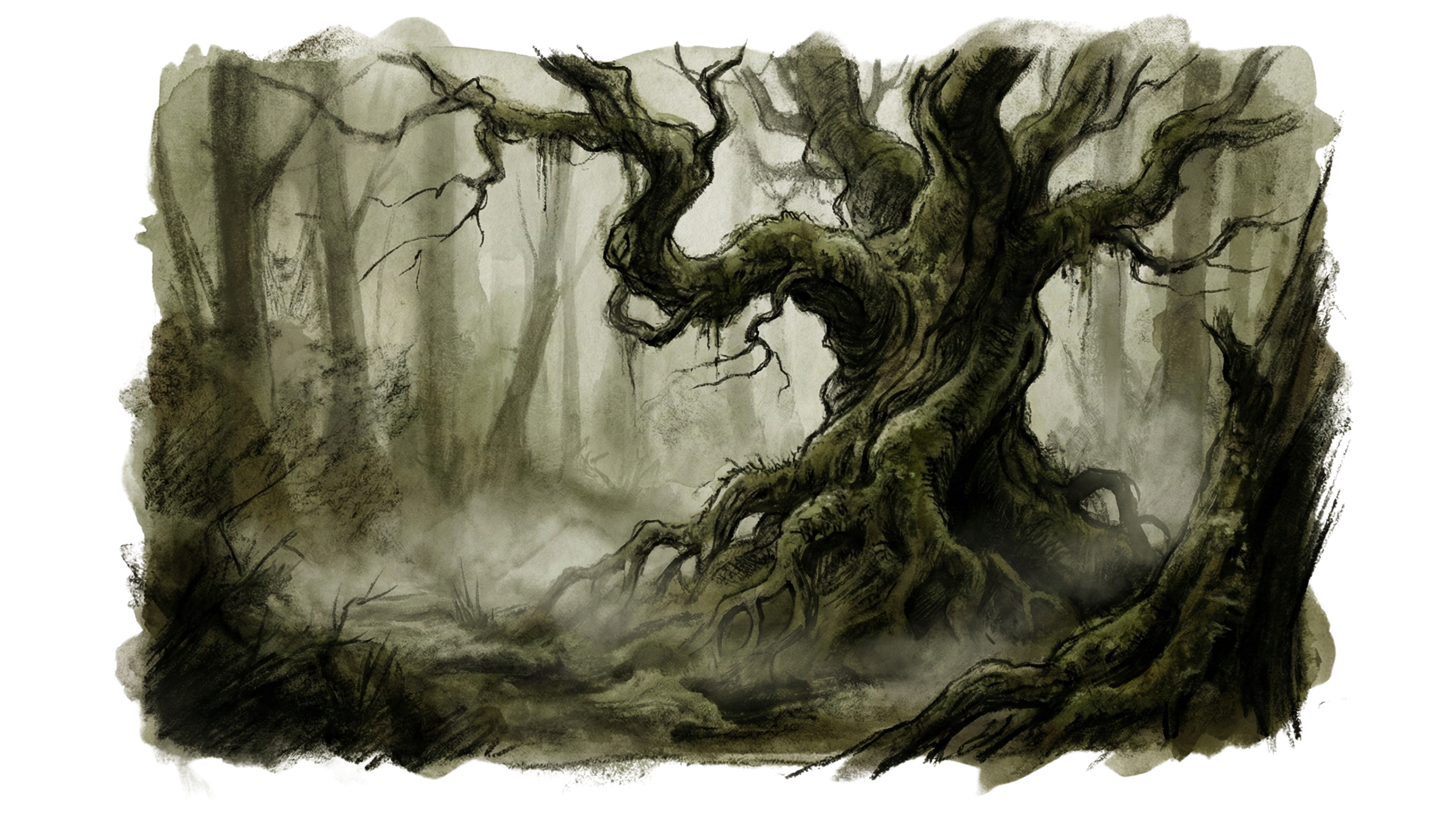 Ancient oak tree in misty forest with dark atmospheric lighting
