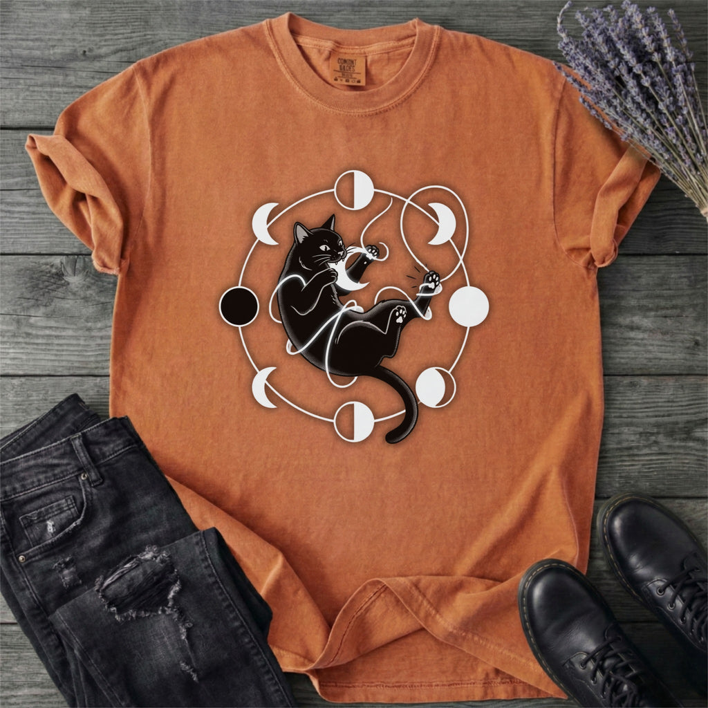 Black Cat Pouncing On Moon Phases T-Shirt