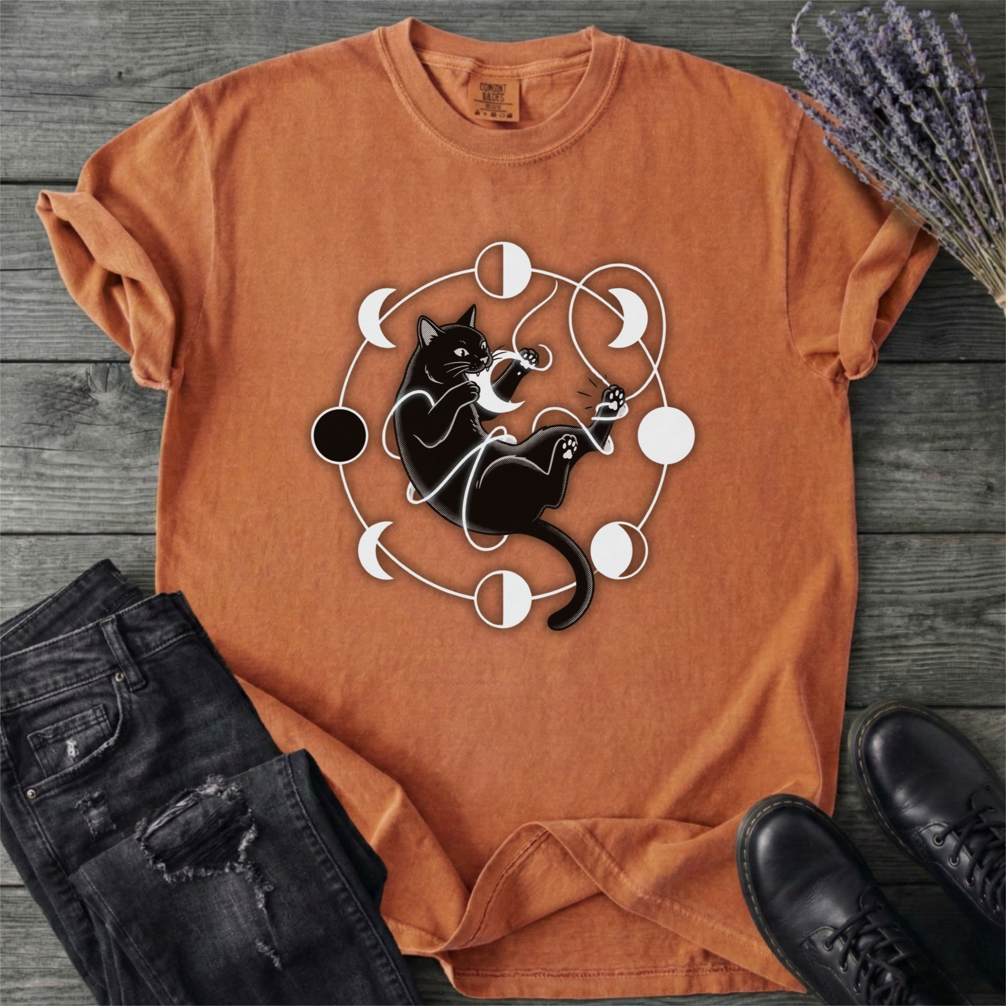 Black Cat Pouncing On Moon Phases T-Shirt