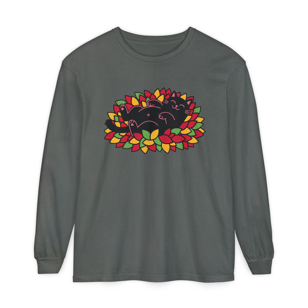 Black Cat Rolling Leaves Long Sleeve T-Shirt