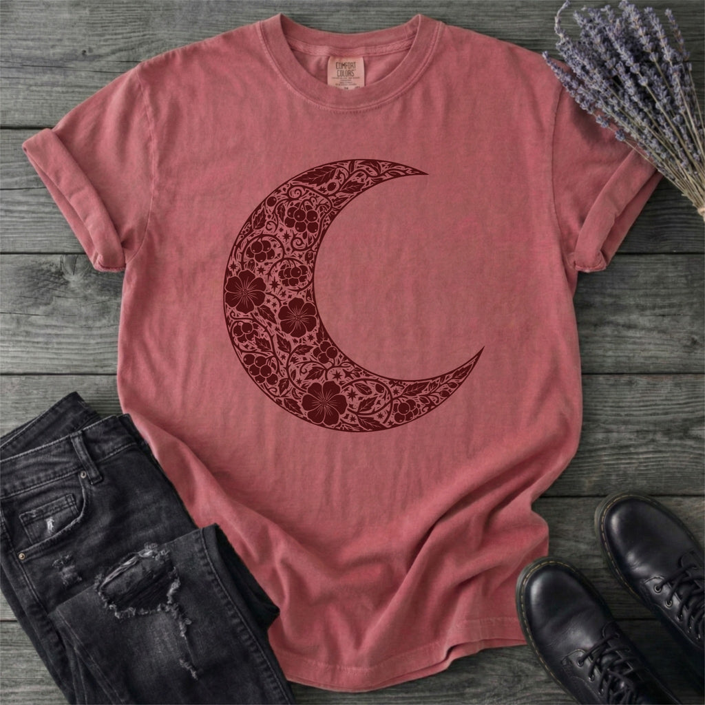 Burgundy Linocut Floral Crescent Moon T-Shirt