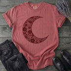 Burgundy Linocut Floral Crescent Moon T-Shirt