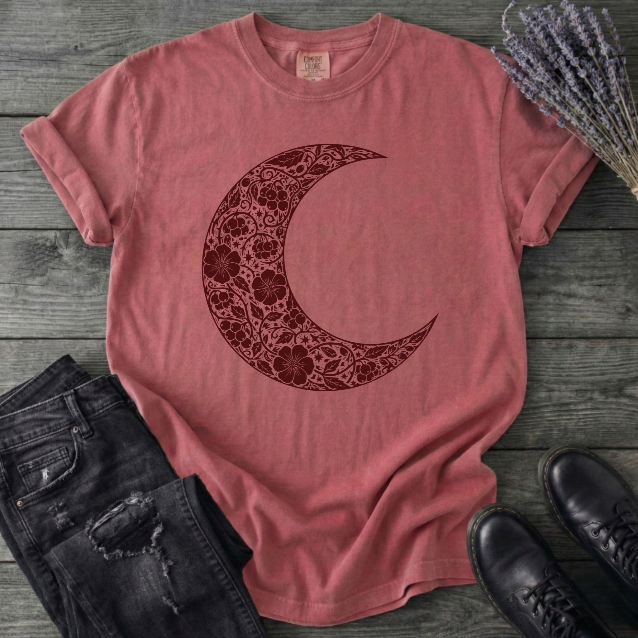 Burgundy Linocut Floral Crescent Moon T-Shirt
