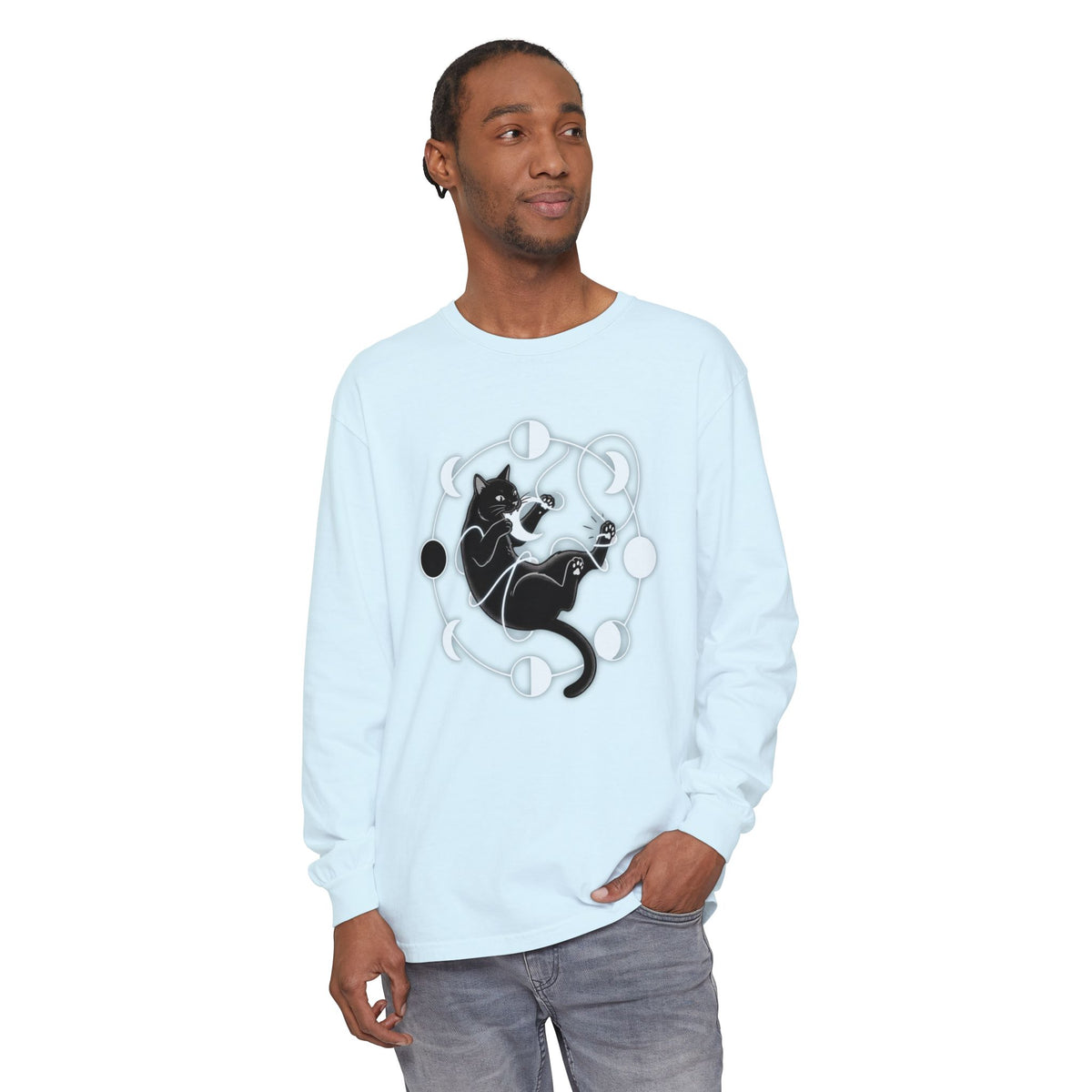 black cat pouncing on moon phases Long Sleeve T-Shirt