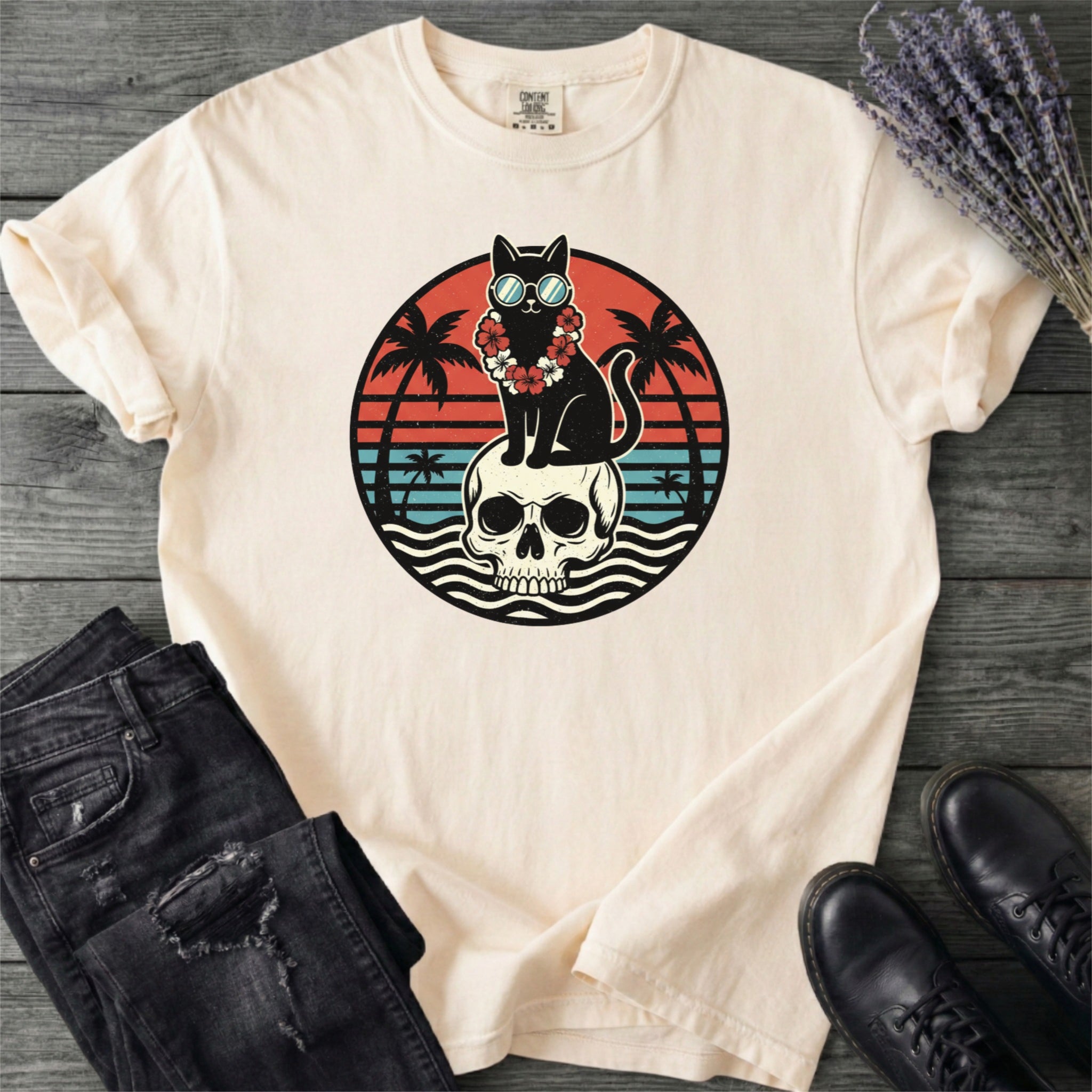 Tropical Cat And Skull T-Shirt