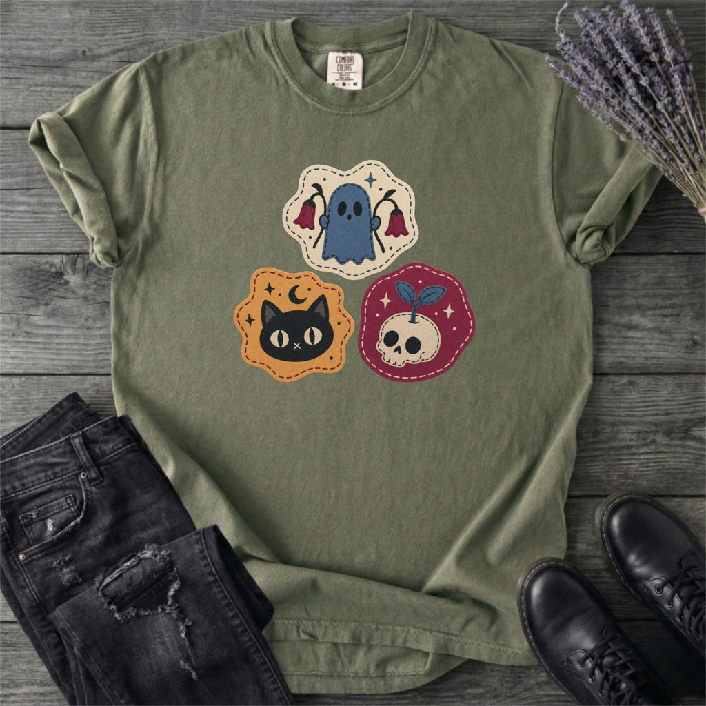 Faux Cat Ghost Skull Patches T-Shirt