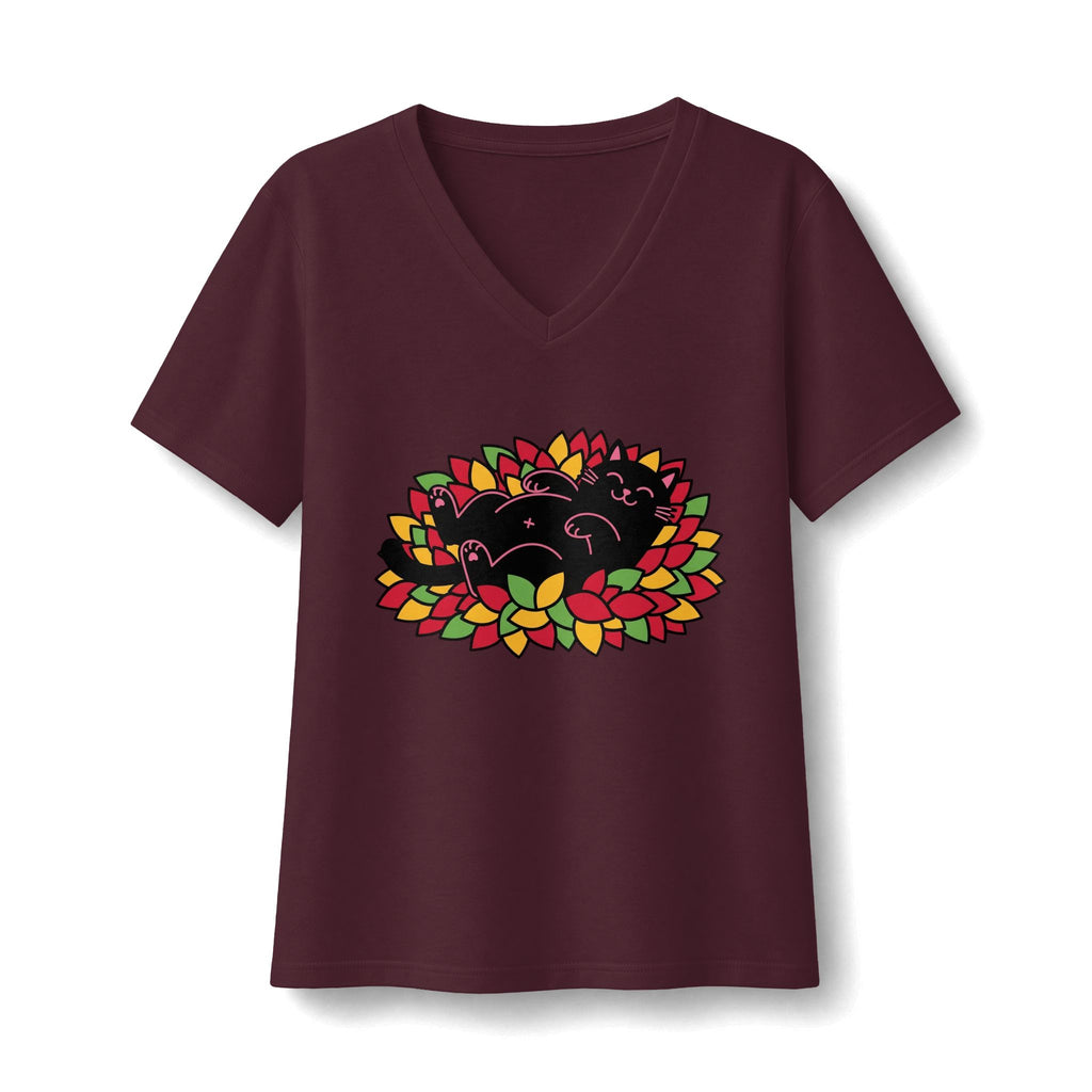 Black Cat Rolling Leaves V-Neck T-Shirt