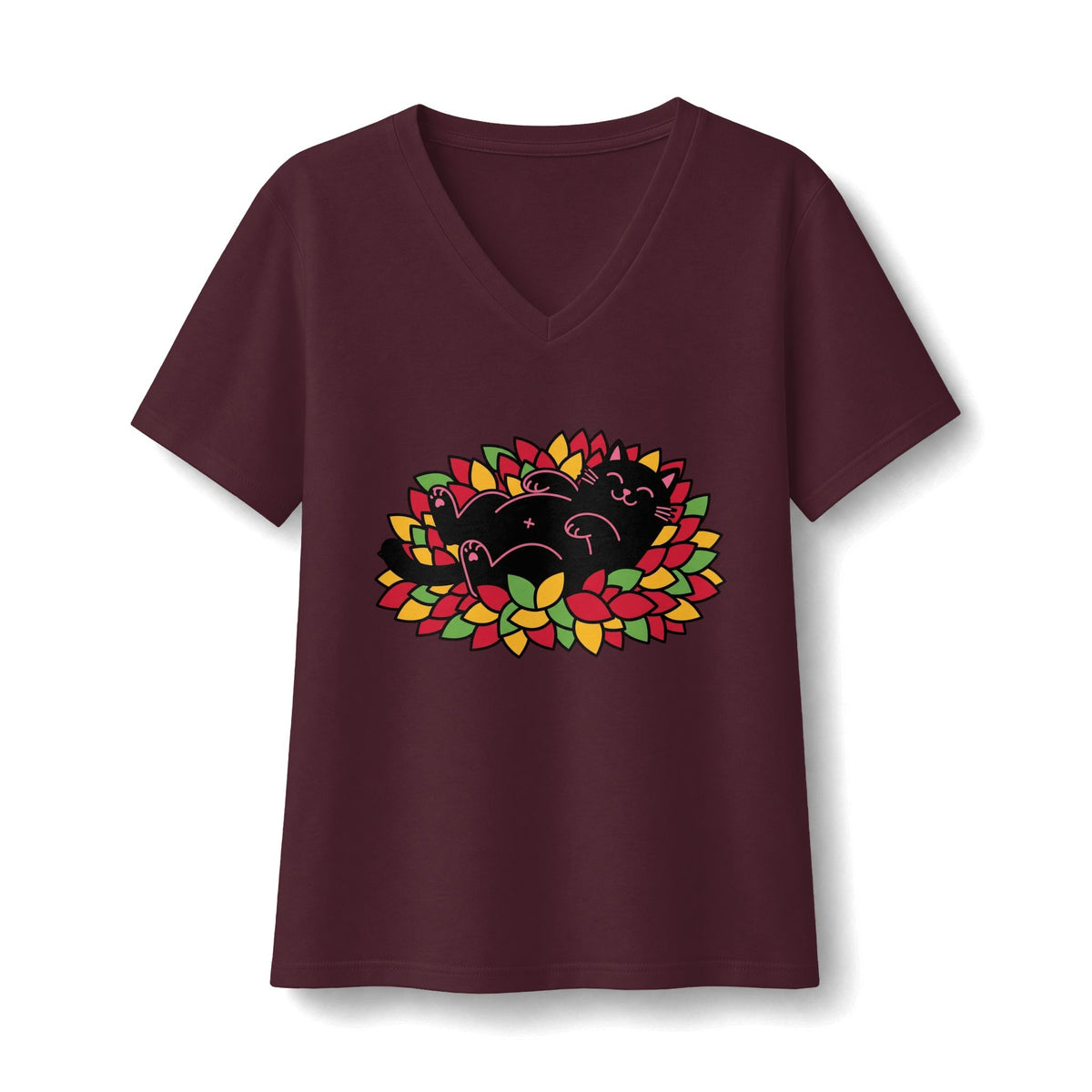 Black Cat Rolling Leaves V-Neck T-Shirt