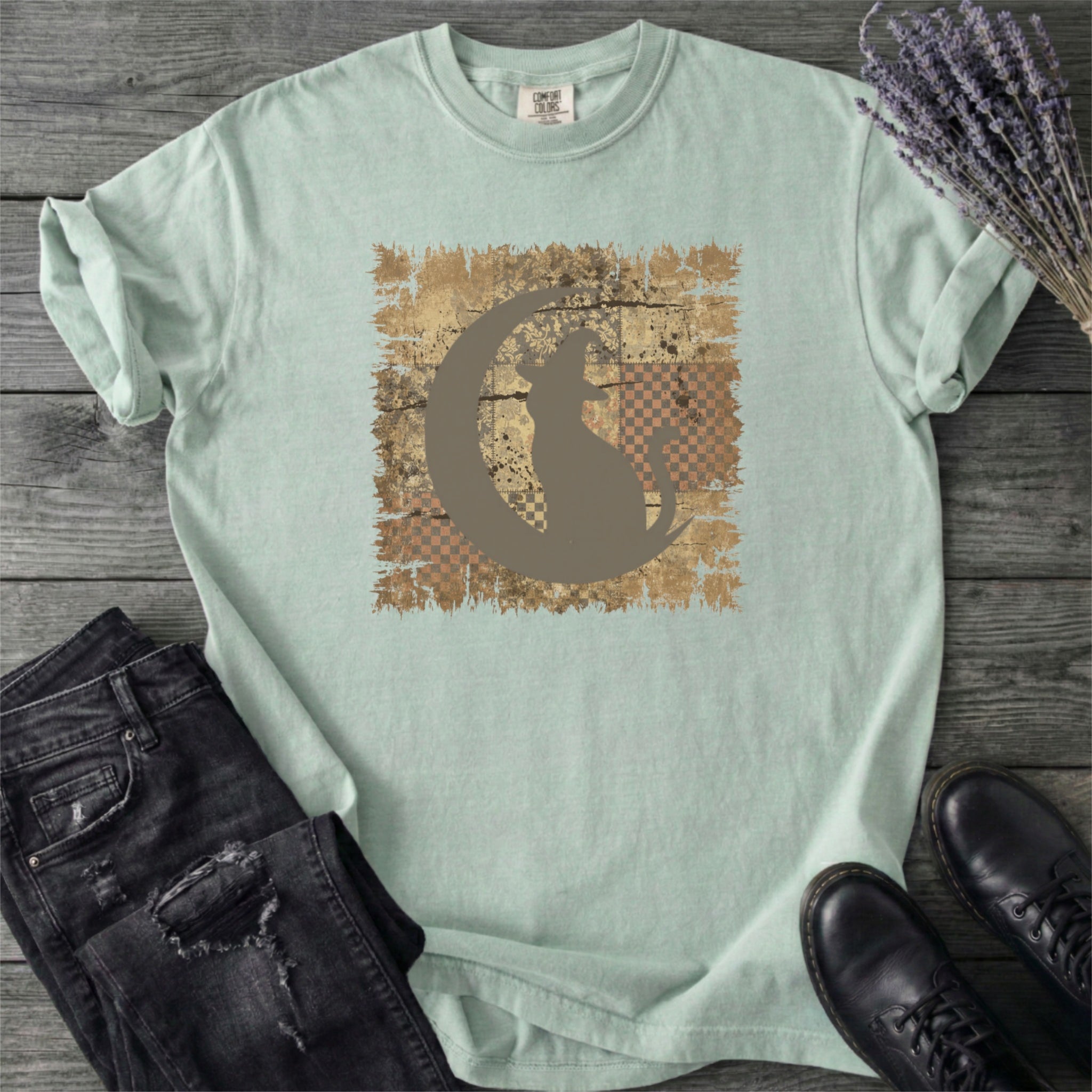 Tattered Patchwork Cat Silhouette T-Shirt