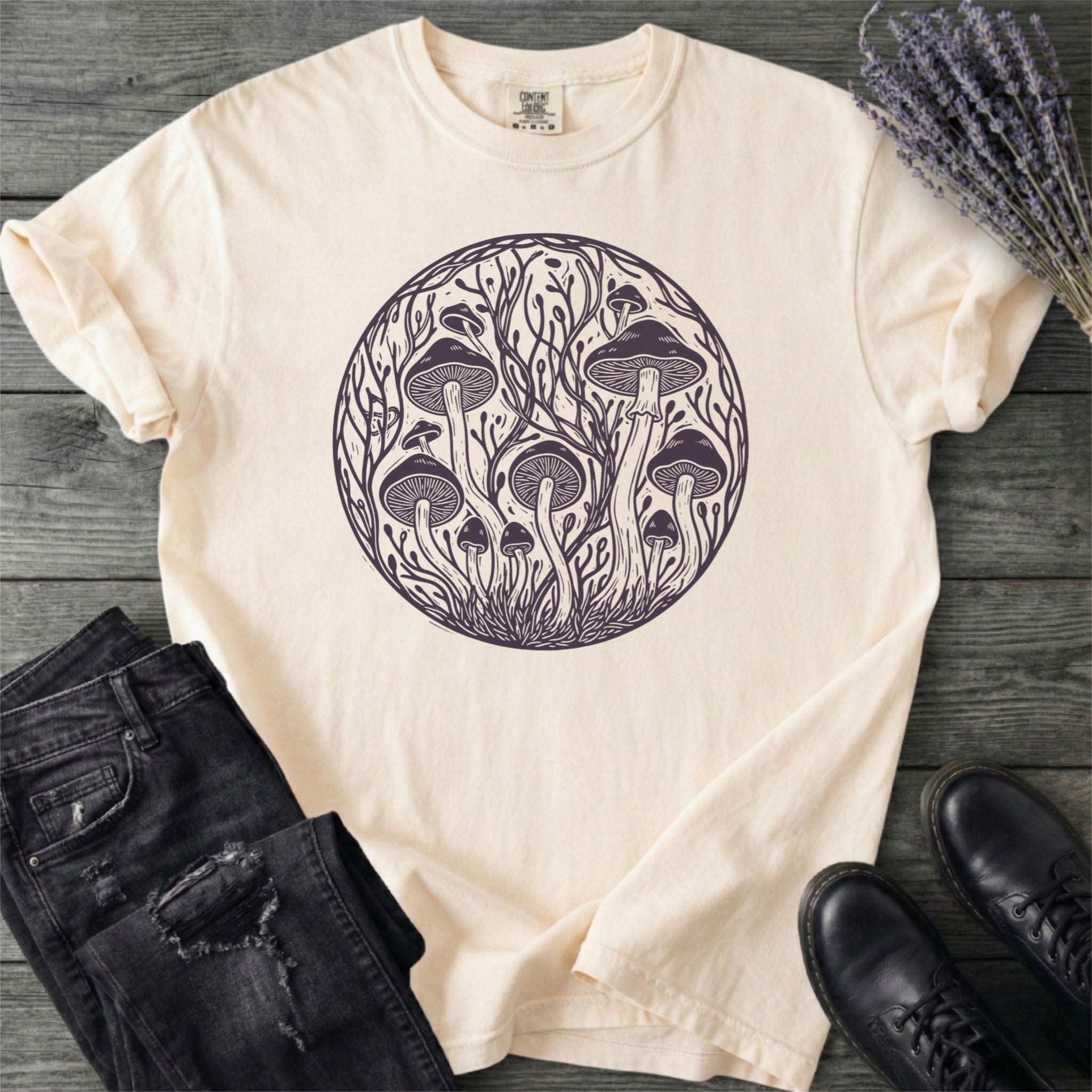 Linocut Mushroom Circle T-Shirt
