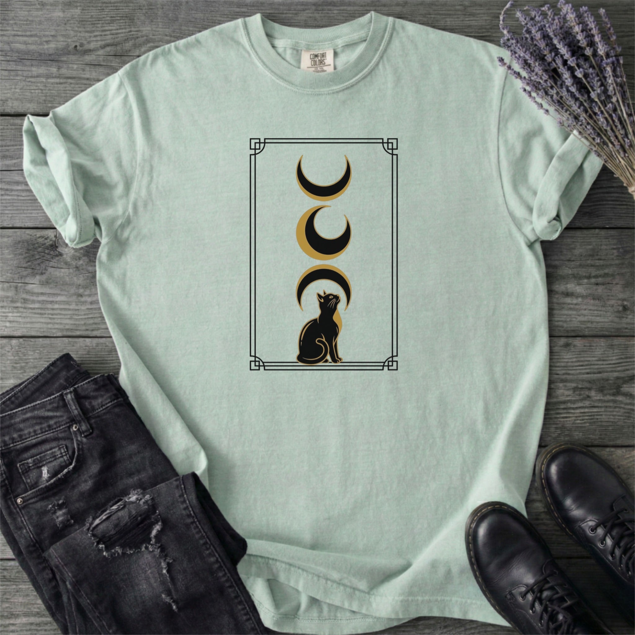 Art Deco Black Cat Moon Phases T-Shirt