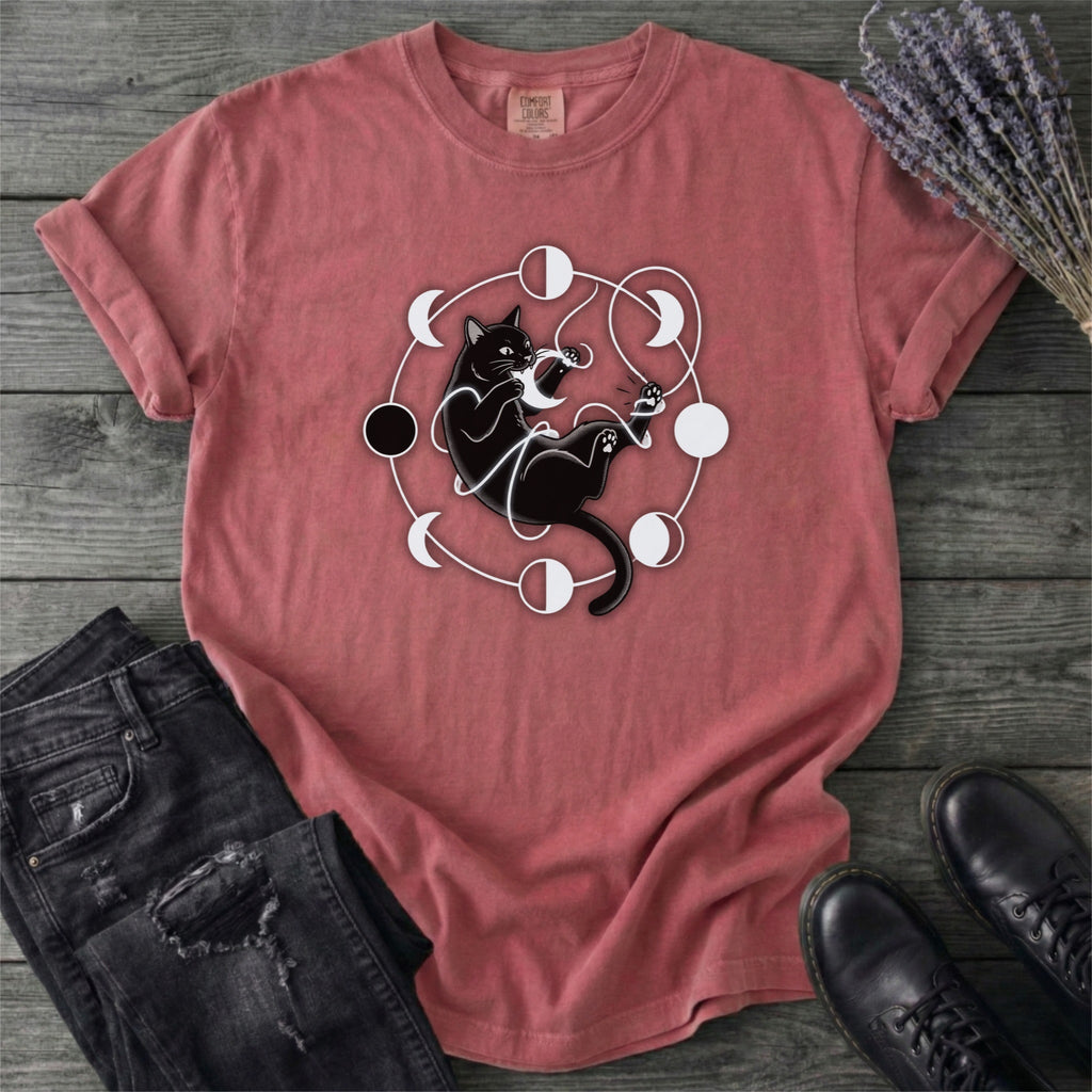 Black Cat Pouncing On Moon Phases T-Shirt
