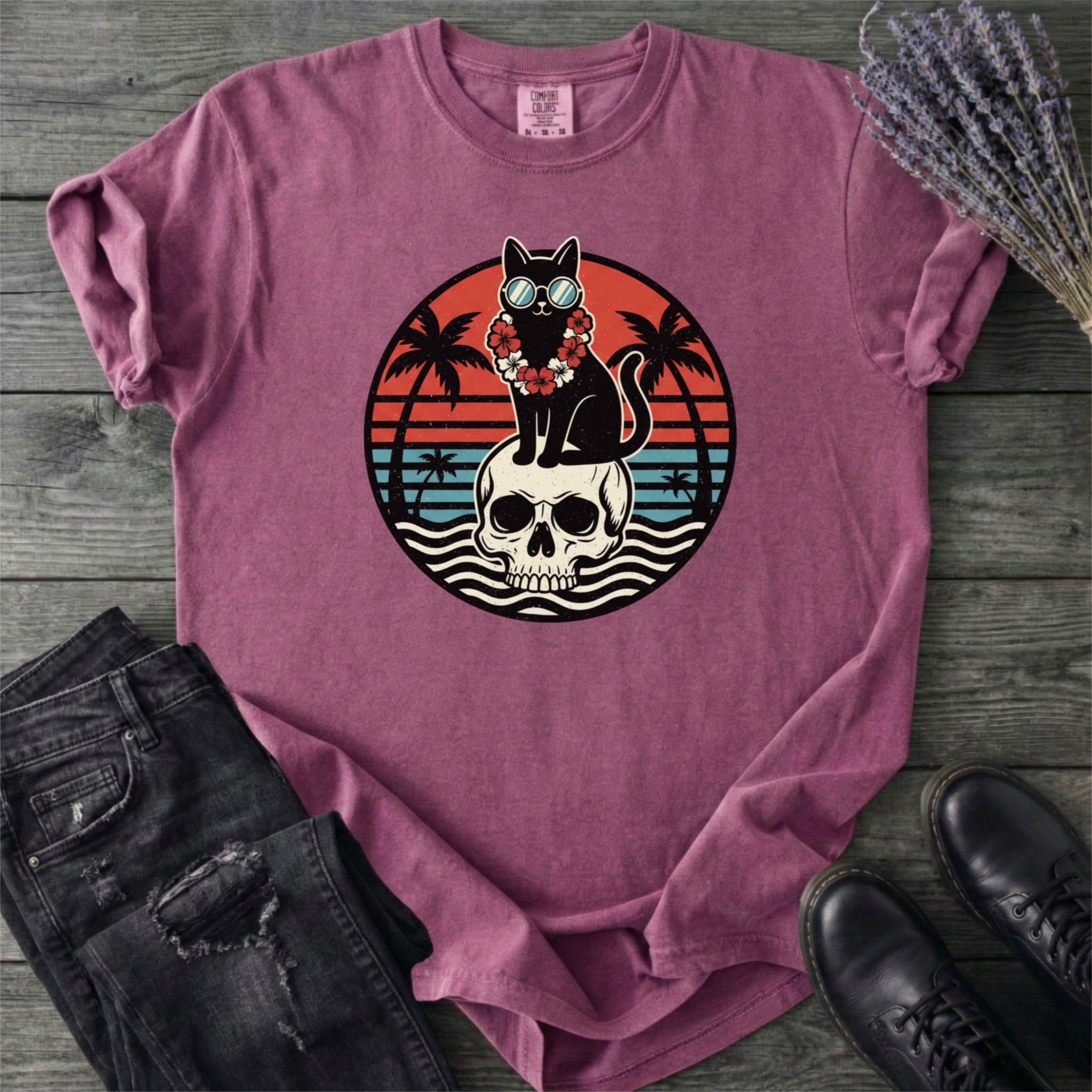 Tropical Cat And Skull T-Shirt