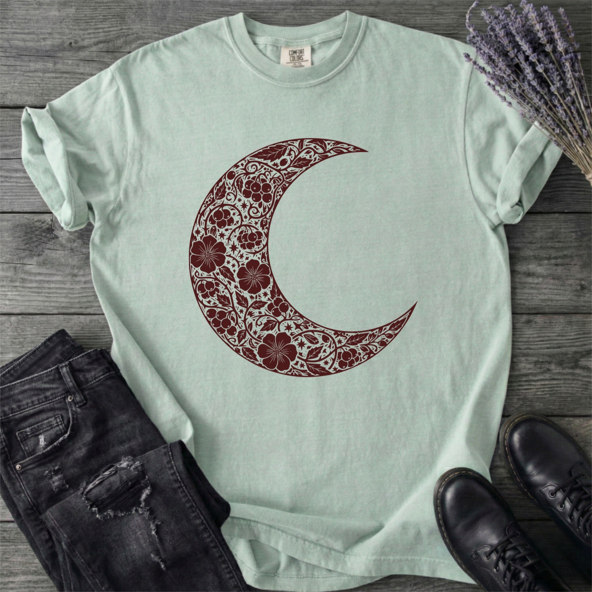 Burgundy Linocut Floral Crescent Moon T-Shirt