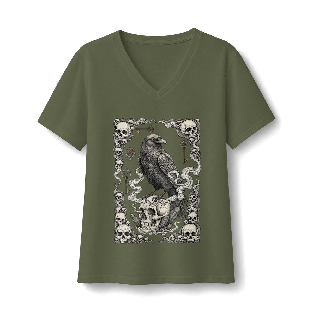 Raven Skull Card V-Neck T-Shirt