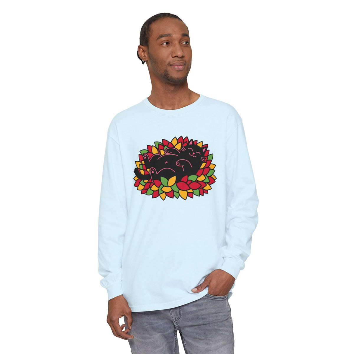 Black Cat Rolling Leaves Long Sleeve T-Shirt