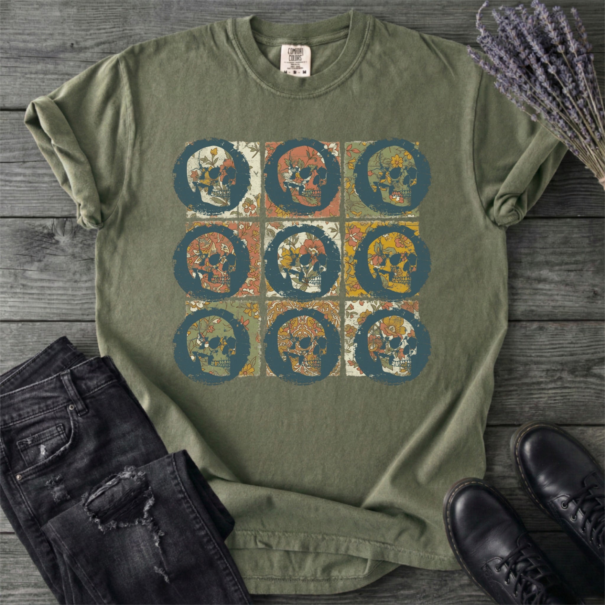 Grunge Skull Floral Grid T-Shirt