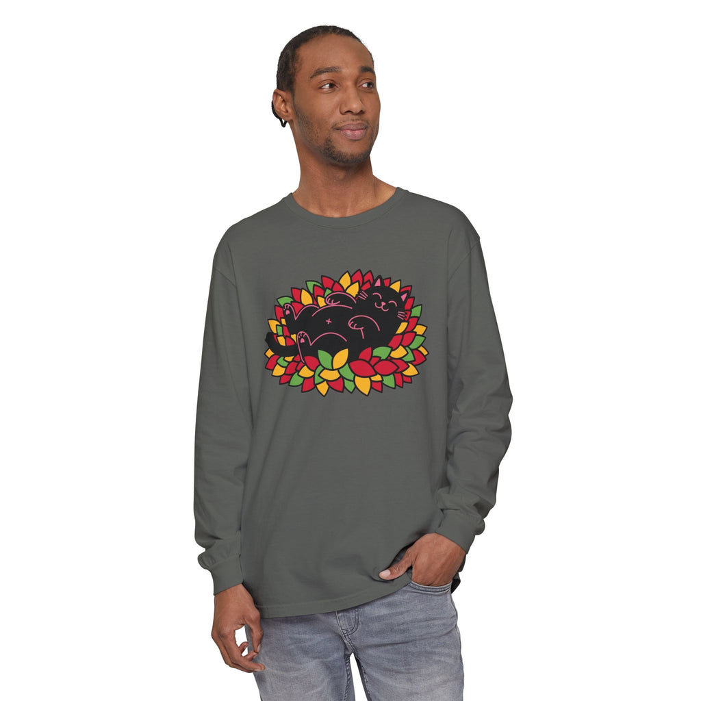 Black Cat Rolling Leaves Long Sleeve T-Shirt