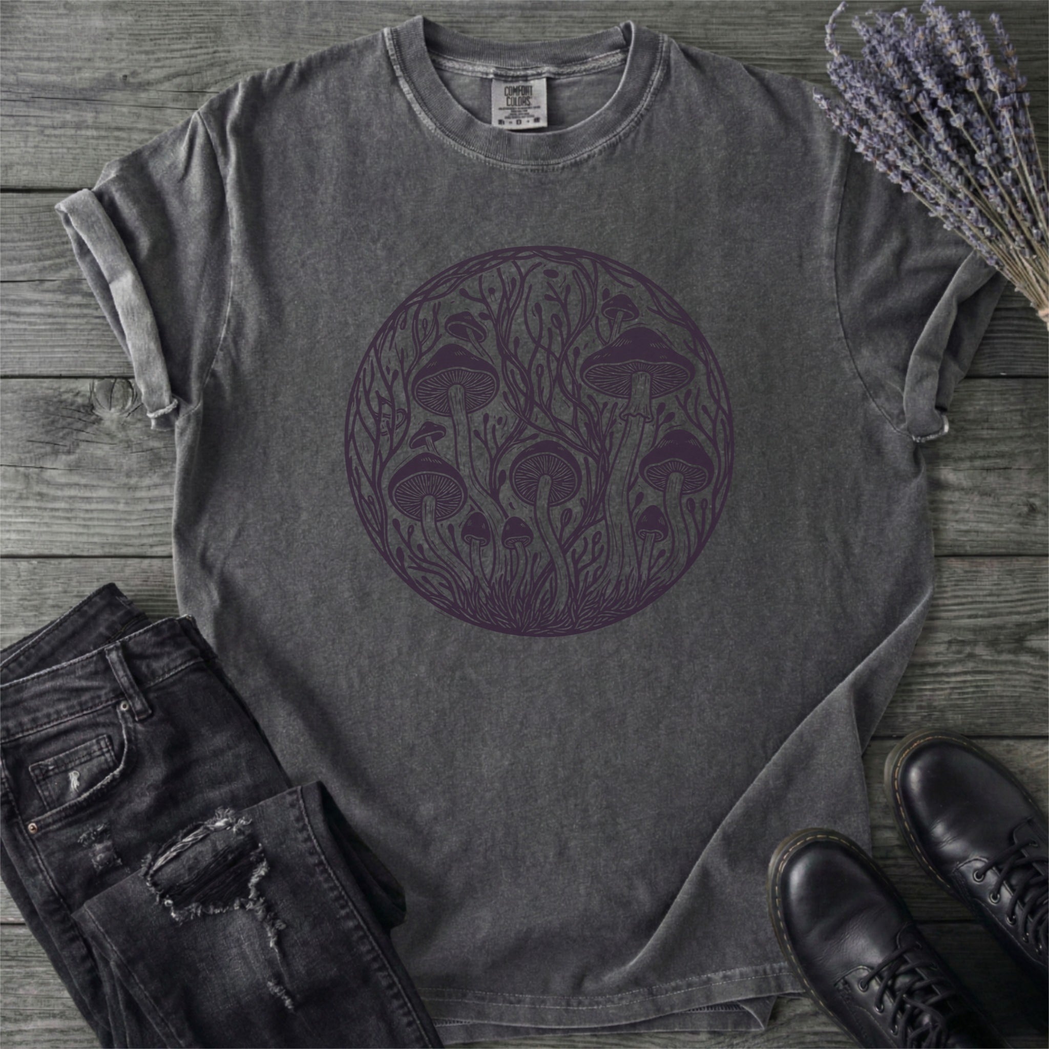 Linocut Mushroom Circle T-Shirt