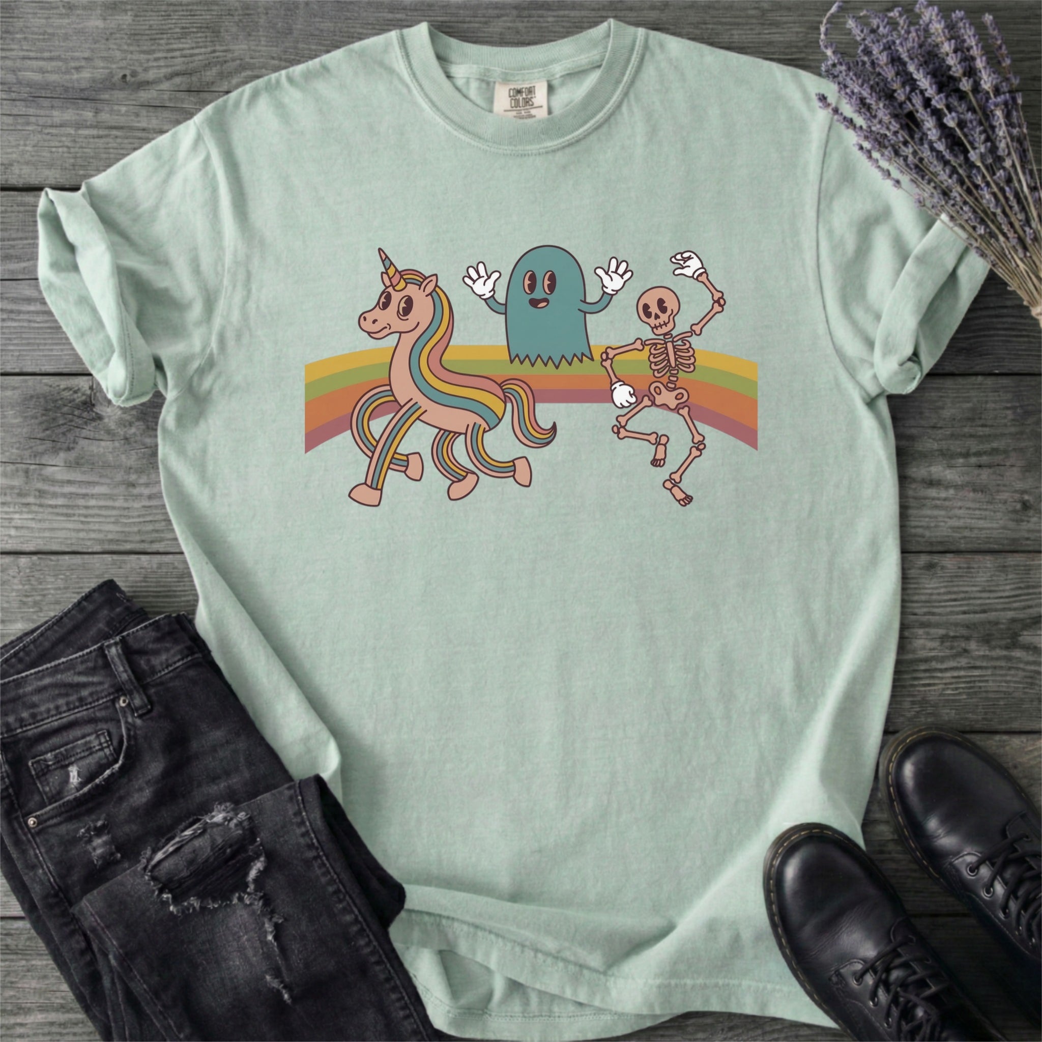 Retro Rainbow Unicorn Ghost Skeleton T-Shirt