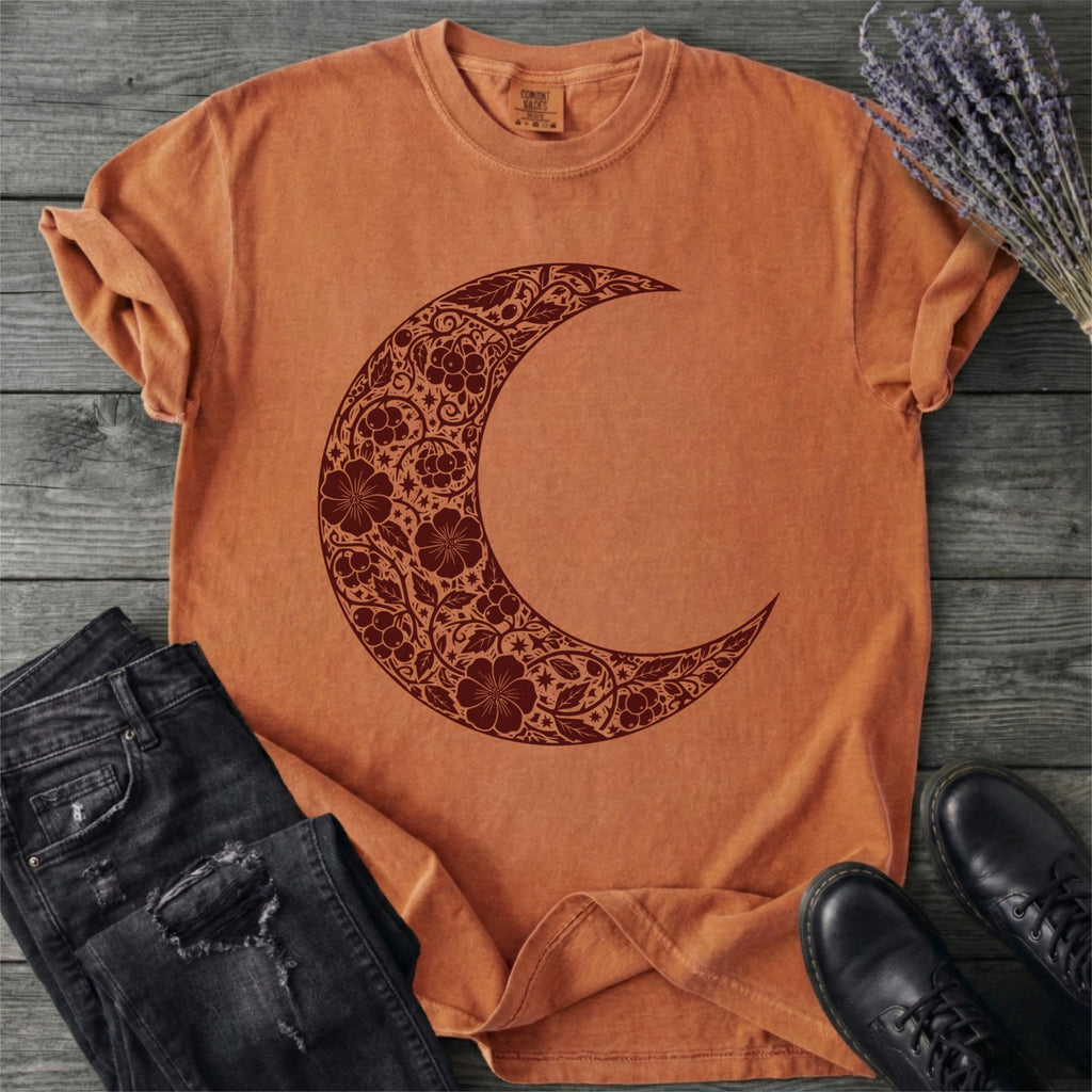 Burgundy Linocut Floral Crescent Moon T-Shirt