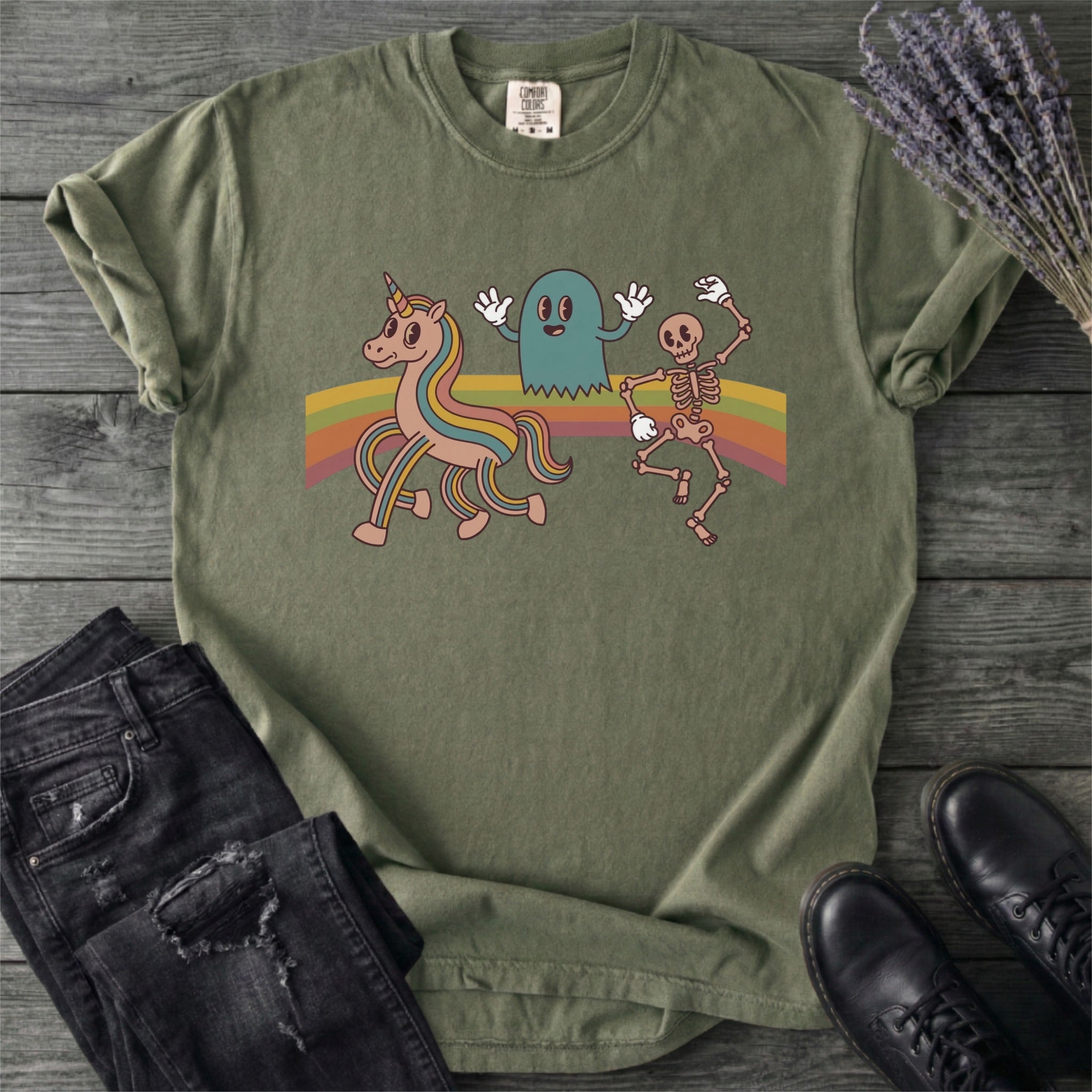 Retro Rainbow Unicorn Ghost Skeleton T-Shirt