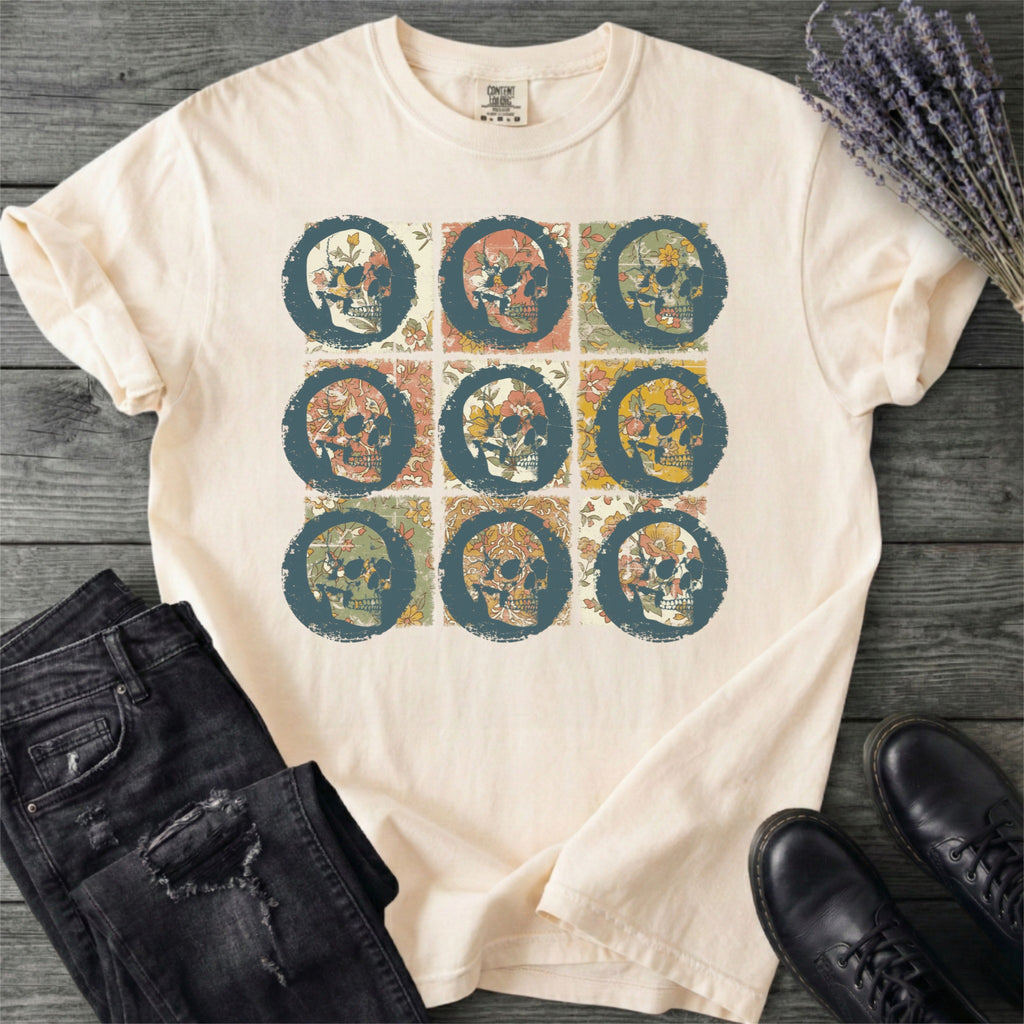 Grunge Skull Floral Grid T-Shirt