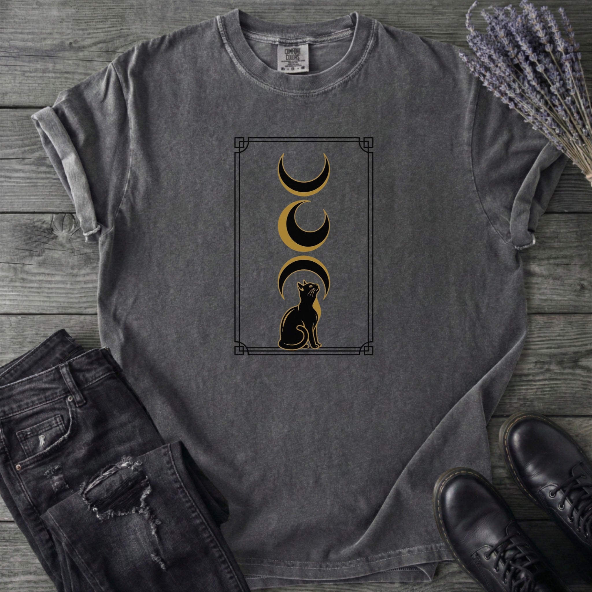 Art Deco Black Cat Moon Phases T-Shirt