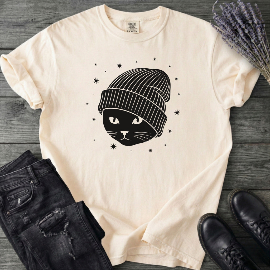 Black Cat Beanie T-Shirt