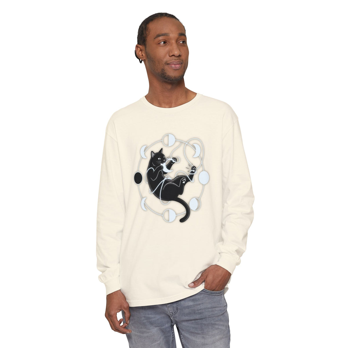 black cat pouncing on moon phases Long Sleeve T-Shirt