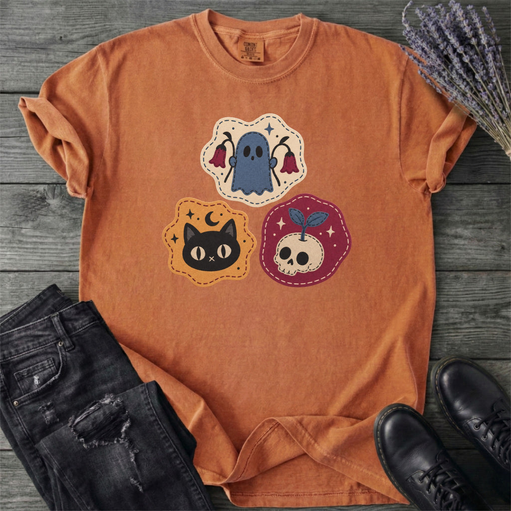 Faux Cat Ghost Skull Patches T-Shirt