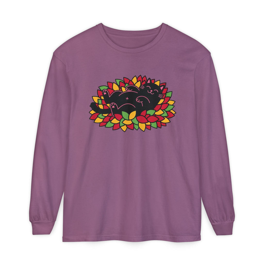 Black Cat Rolling Leaves Long Sleeve T-Shirt