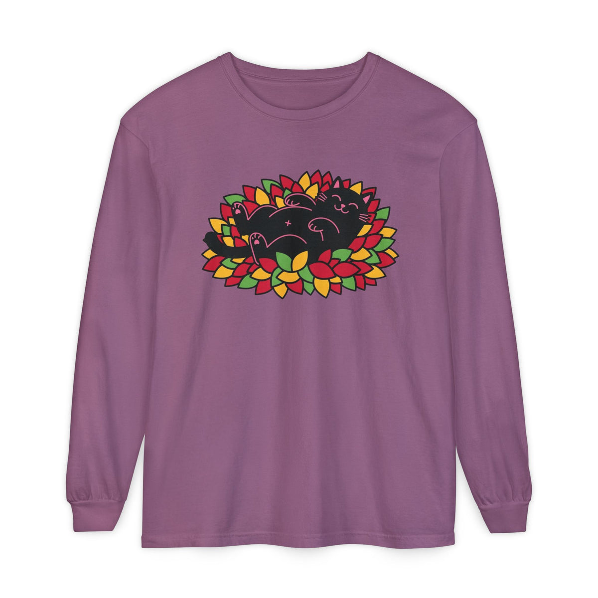 Black Cat Rolling Leaves Long Sleeve T-Shirt