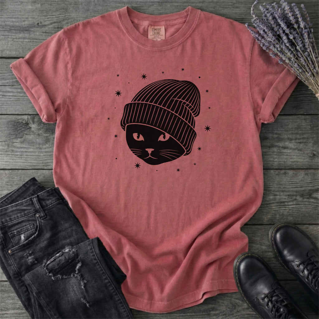 Black Cat Beanie T-Shirt