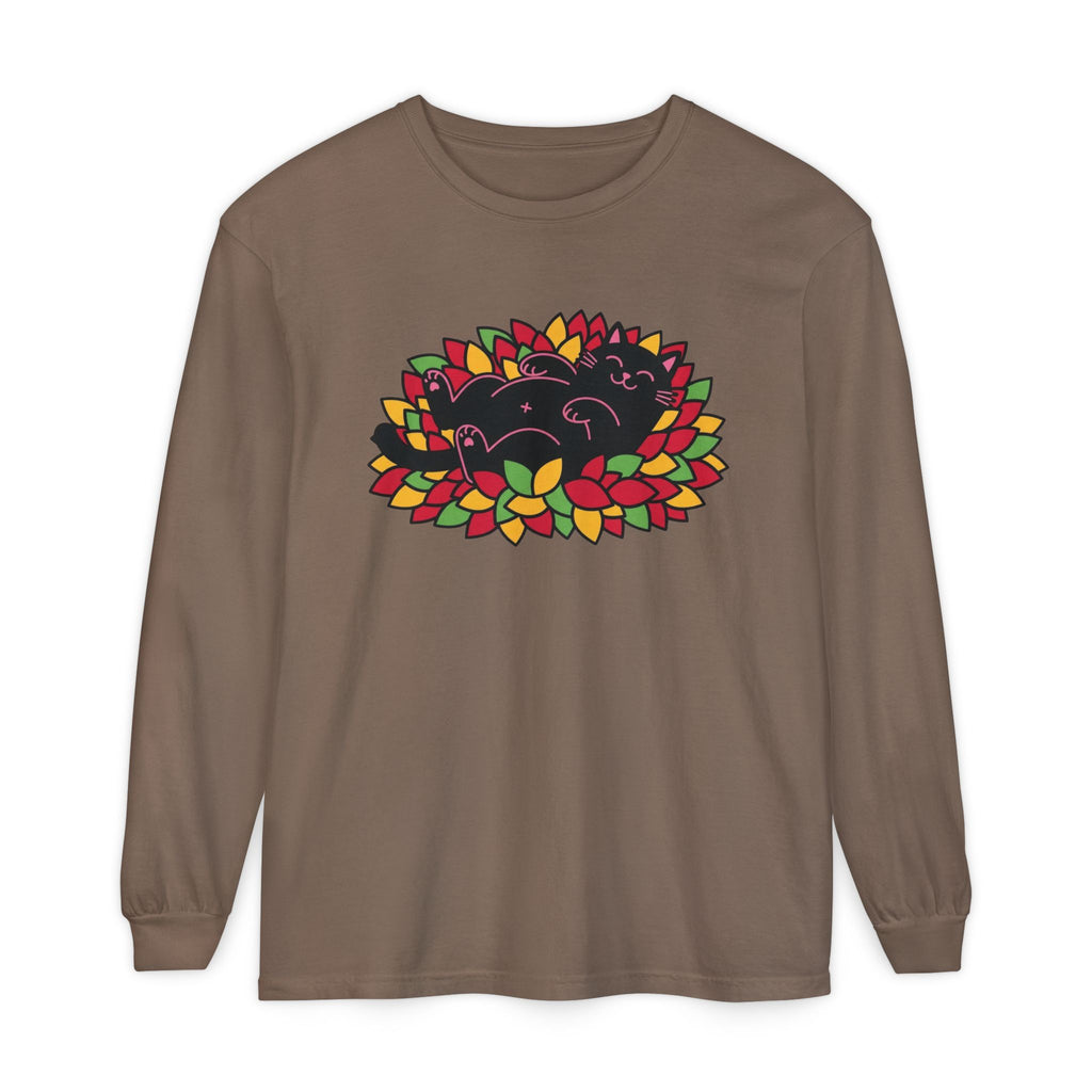 Black Cat Rolling Leaves Long Sleeve T-Shirt