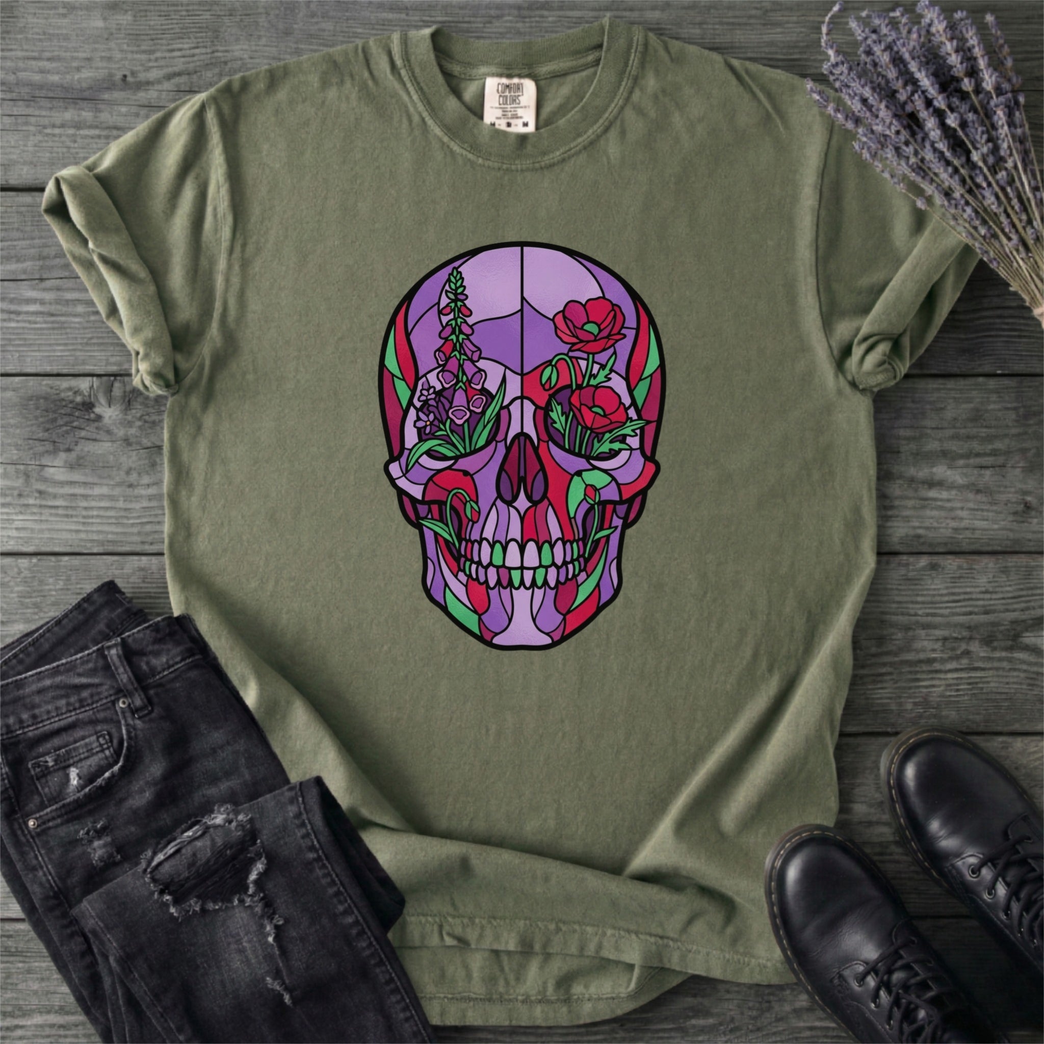 Botanical Stained Glass Skull T-Shirt