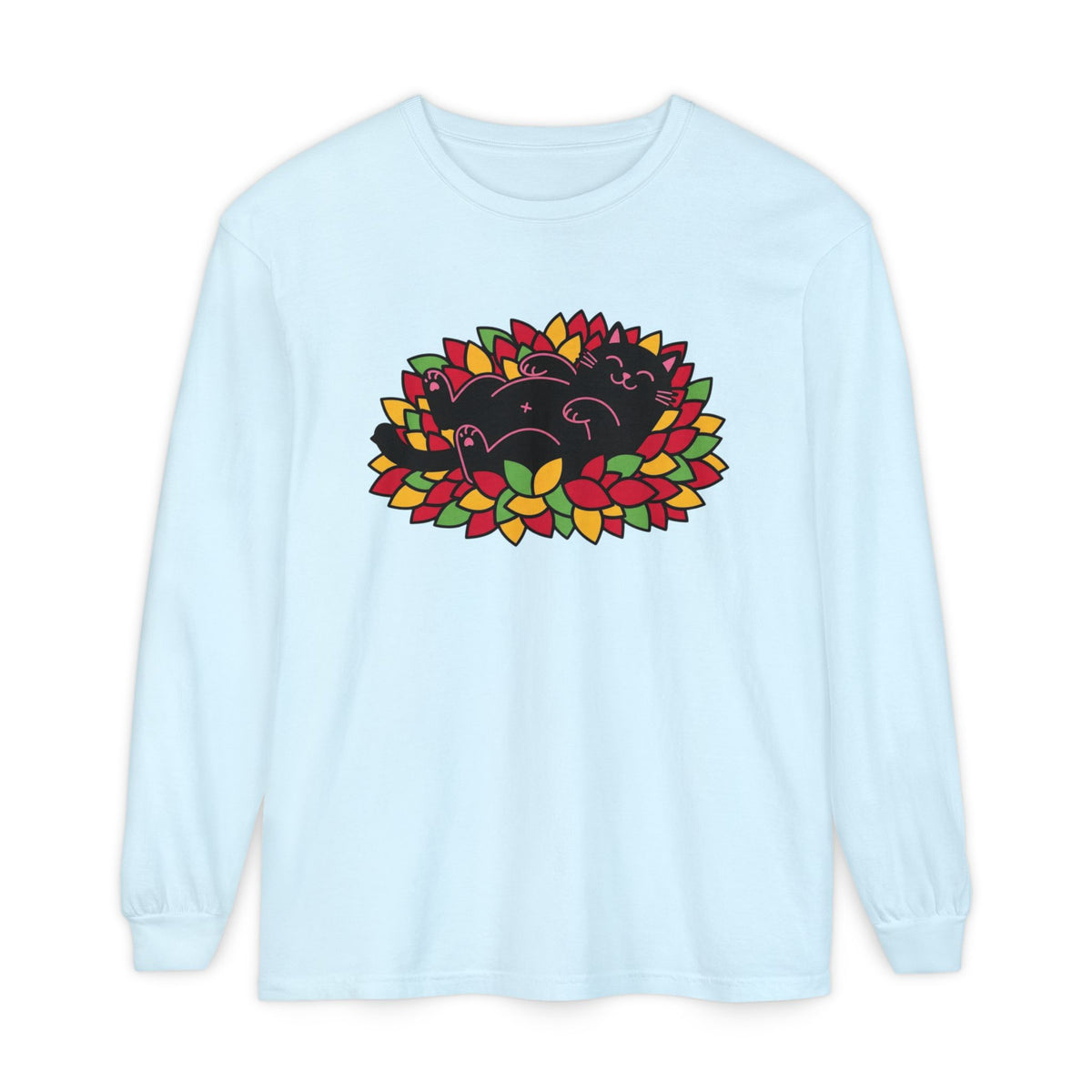 Black Cat Rolling Leaves Long Sleeve T-Shirt