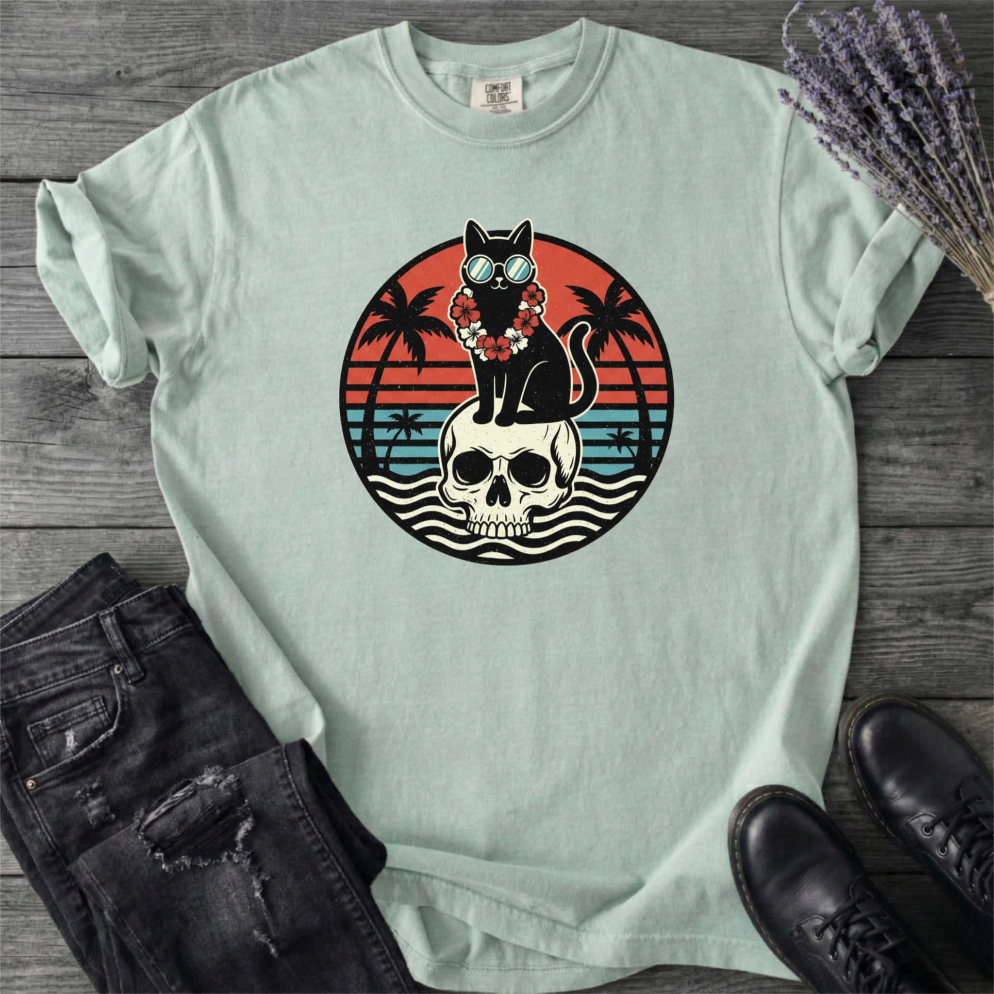 Tropical Cat And Skull T-Shirt