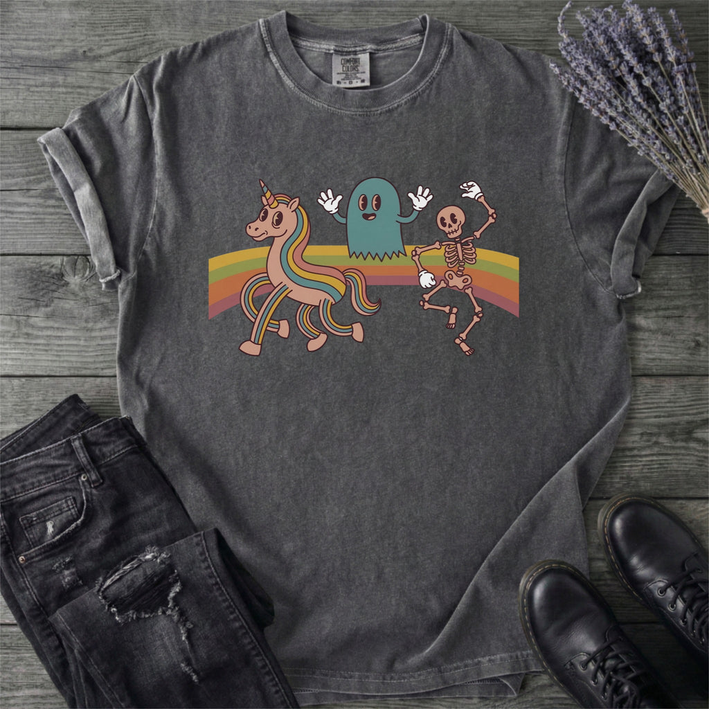 Retro Rainbow Unicorn Ghost Skeleton T-Shirt