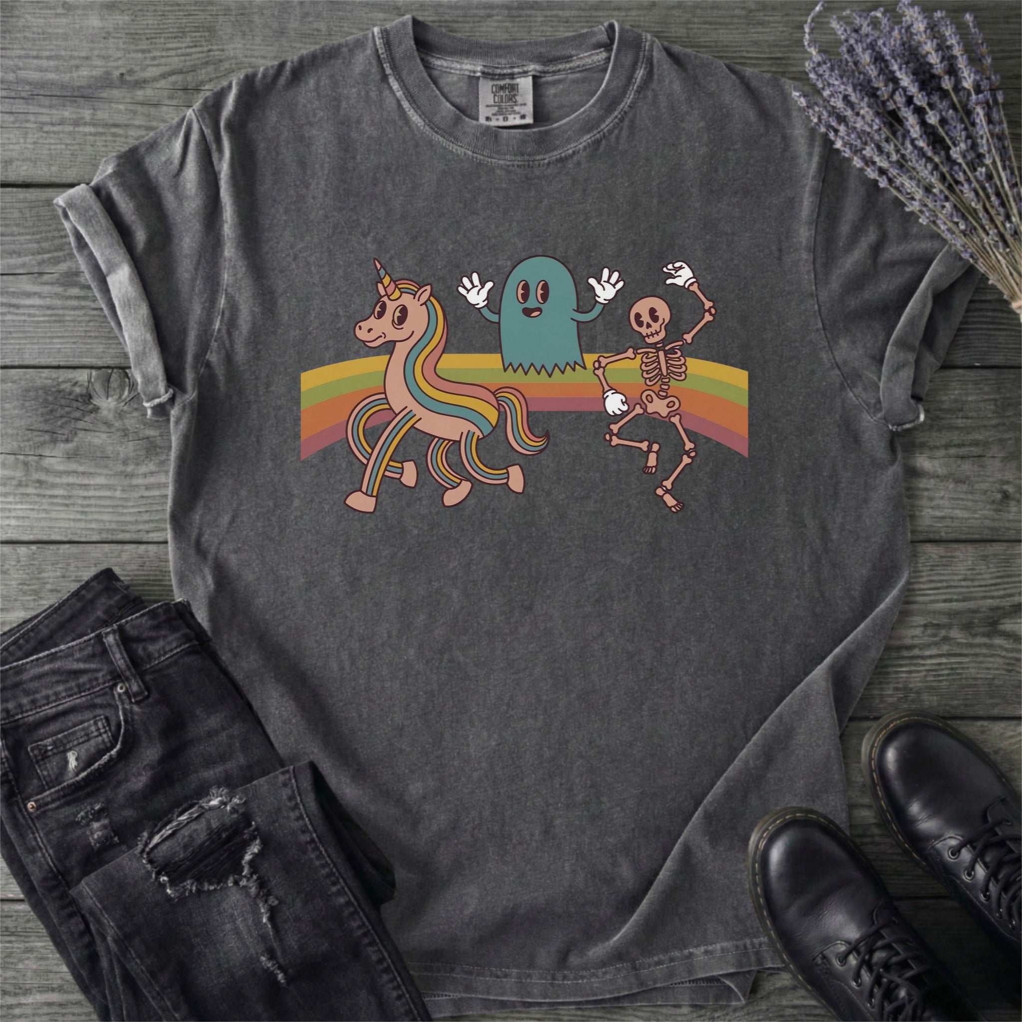 Retro Rainbow Unicorn Ghost Skeleton T-Shirt