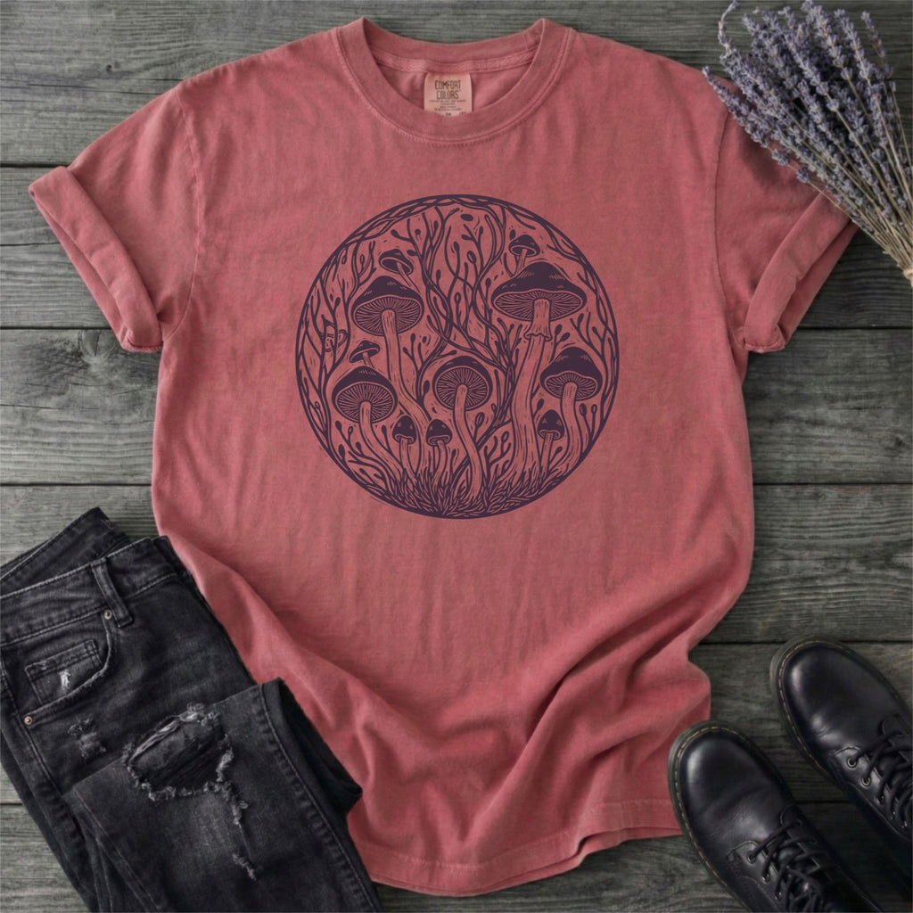 Linocut Mushroom Circle T-Shirt