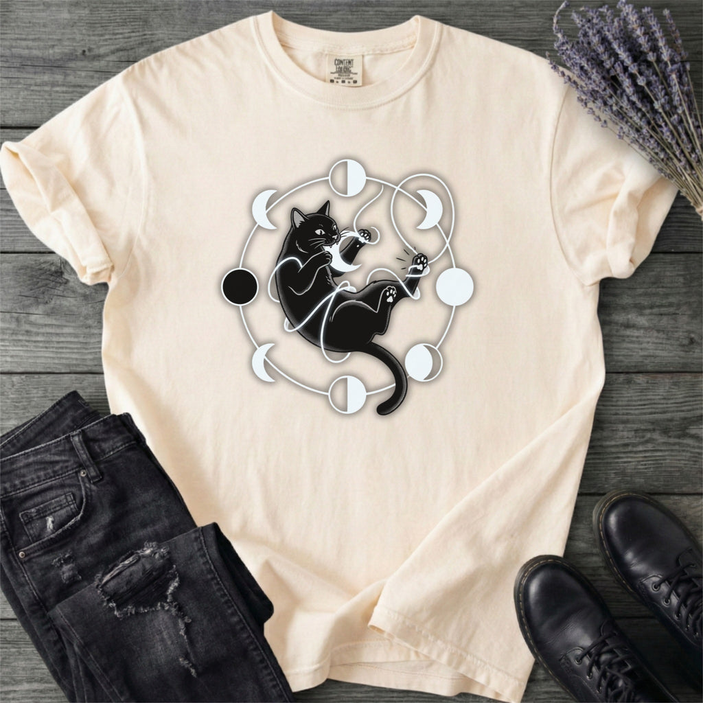 Black Cat Pouncing On Moon Phases T-Shirt