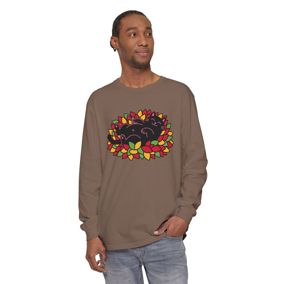 Black Cat Rolling Leaves Long Sleeve T-Shirt