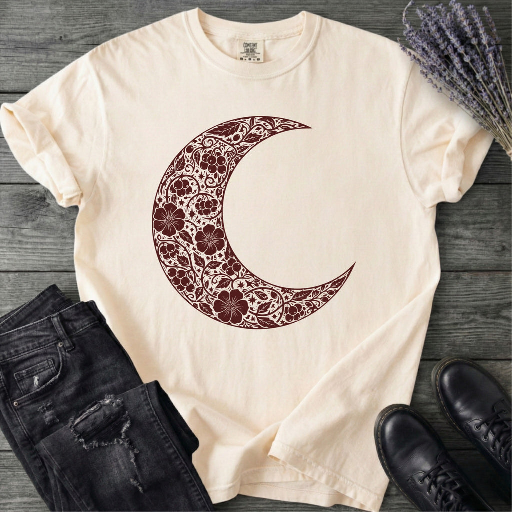 Burgundy Linocut Floral Crescent Moon T-Shirt